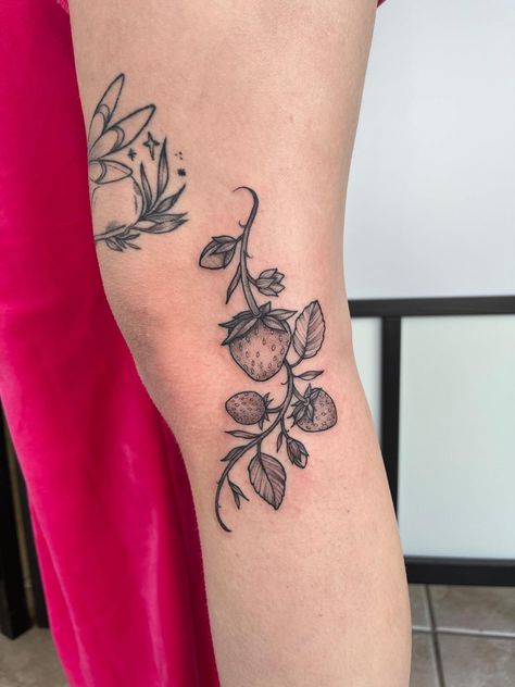 Strawberry Vine Tattoo Simple, Strawberry And Flowers Tattoo, Pecan Pie Tattoo, Strawberries On A Vine Tattoo, Strawberry Wrap Around Tattoo, Strawberry On Vine Tattoo, Strawberry Vine Tattoo Minimalist, Strawberry Tattoo Placement, Strawberry Wrist Tattoo