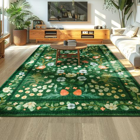 PRICES MAY VARY. Vintage Floral Throw Area Rug:Our boho rugs have a digitally printed vintage design with a high density and the room rug have a very clear floral pattern.The carpet adds a textured weave process, rubbing the fibers on the surface of the indoor carpet in a positive or negative direction will reveal two different colors and textures, adding a splash of unique ambiance to your place Soft Low Pile Carpet:Low pile rug is 0.2 inch thick. It is non-slip, lightweight, opens and closes d Rugs For Green Room, Green Forest Living Room, Carpeted Dining Room Solutions, Bright Boho Decor, Green And Orange Rug, Cute Aesthetic Rugs, Aliexpress Room Decor, Rug Ideas For Bedrooms, Bedroom Rugs Aesthetic