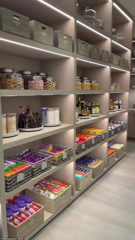 Decor For Kitchen Shelves, Dream Pantry Walk In, Open Kitchen Shelves Decor, Kitchen Shelves Decor, Luxury Pantry, Kitchen Shelving Ideas, Khloe Kardashian House, Shelves Decoration, Dream Pantry