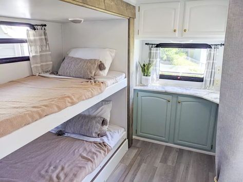 34 Colorful RVs To Inspire You to Start Painting | RV Inspiration Bunk Bedroom Ideas, Decorating Camper, Rv Bunk Beds Ideas, Rv Bunk Beds, Rv Inspiration, Cuddles In Bed, Rv Living Full Time, Cushion Headboard, Stylish Curtains