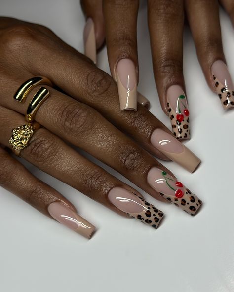 Cherry 🍒 cheetah🐆 Red Nails Leopard Print, Pink Cheetah Nails, Cheetah Nail Designs, Cheetah Print Nails, Cheetah Nails, Print Nails, Pink Cheetah, Silver Nails, Birthday Nails