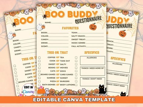 Boo Buddy Questionnaire Printable Editable Halloween Gift Exchange Quiz, Office Coworker Neighbor Friend Game, Canva Template Download - Etsy Bulgaria Halloween Gift Exchange, Boo And Buddy, You've Been Booed, Gift Exchange Games, Spooktacular Halloween, Fall Gifts, Office Parties, Autumn Activities, Gift Exchange