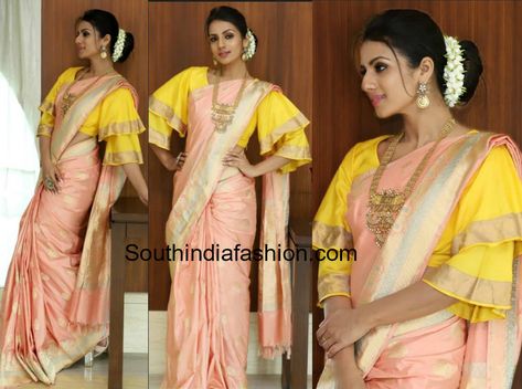 Sruthi Hariharan in Singhanias Peach Color Saree, Peach Clothes, Peach Saree, Half Saree Lehenga, Classic Updo, Peach Blouse, Fashion Indian, Latest Designer Sarees, Long Dress Design