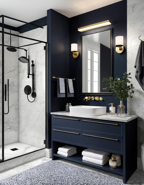 45 Modern Bathroom Ideas To Elevate Your Home Design Manhattan Bathroom Ideas, Bathroom Design Navy Vanity, Guest Bath Ideas Decor, Big Tile Bathroom Ideas, Navy Shower Room, Cool Bathroom Ideas Modern, Navy Blue And Silver Bathroom, Small Bathroom With Walk In Shower Ideas Blue, Navy Wall Bathroom