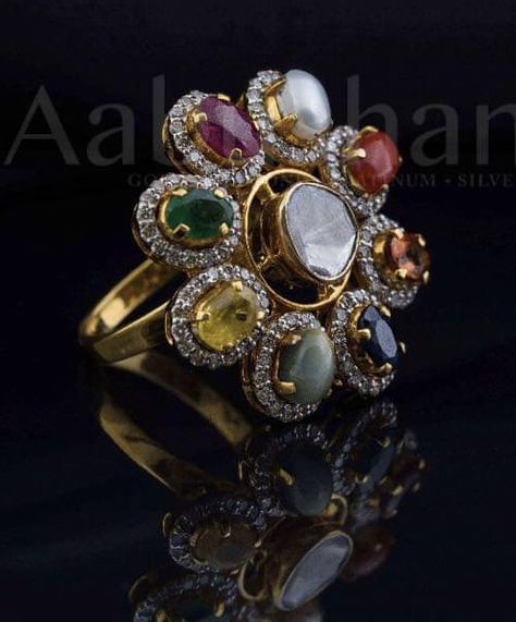 Navaratna Rings For Ladies, Navratan Rings For Women, Navratna Rings For Women, Navaratna Earrings Gold, Polki Rings Design, Navratan Earrings, Navratan Jewellery, Gold Jewelry Outfits, Ring Jewellery Design