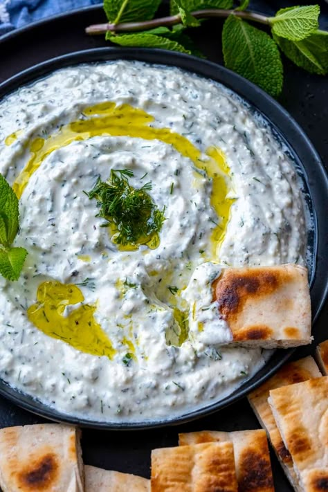 Haydari is such a delicious yogurt and feta dip. So easy to make and ready in 5 minutes! #haydari #turkishmeze Turkish Dips, Kousa Mahshi, Lebanese Mezze, Savory Dinner, Feta Dip, Weeknight Dinner Recipes, Yogurt Dip, Snack Dip, Bowl Recipes