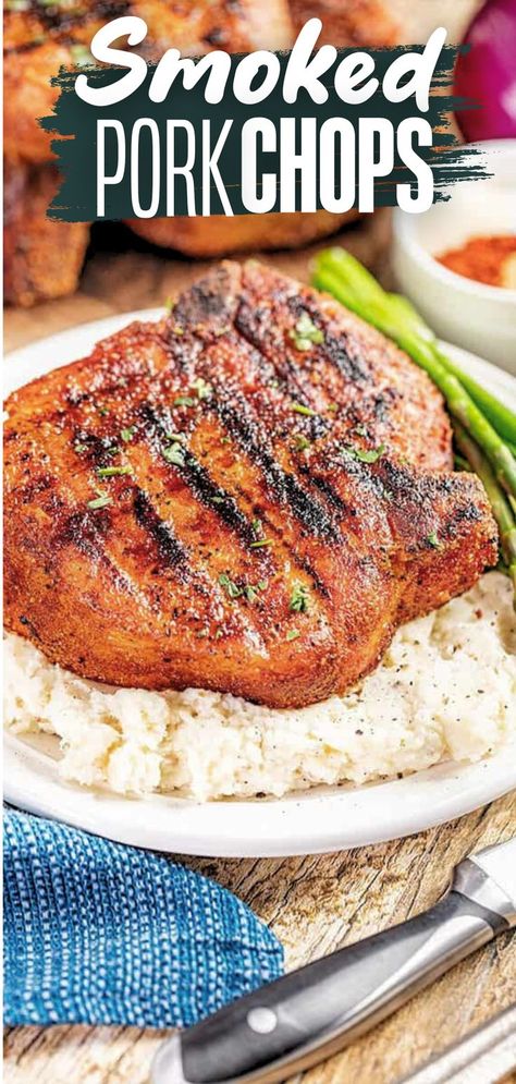 A smoked pork chop sitting atop a plate of mashed potatoes with grilled asparagus on the side. Smoker Grill Recipes, Smoker Recipes Electric, Smoked Pork Chops, Foil Packet Meals, Grilled Pork Chops, Health Dinner, Smoker Recipes, Smoked Pork, Health Dinner Recipes