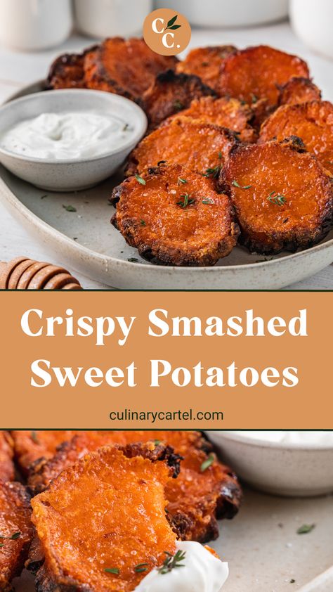 Crunchy, sticky, and sweet, these crispy smashed sweet potatoes deliver a lip smacking flavour. Ready in under 1 hour, enjoy these as a quick lunchtime snack or as a side to your Sunday roast. Crispy Sweet Potato Hashbrowns, Sweet Potato Crisps Baked, Sweet Potato Thins Recipes, Charred Sweet Potatoes, Meal Prep Ideas With Sweet Potatoes, Sweet Potato Recipes Crispy, Crispy Air Fryer Sweet Potatoes, Healthy Roasted Sweet Potato Recipes, Crunchy Sweet Potatoes