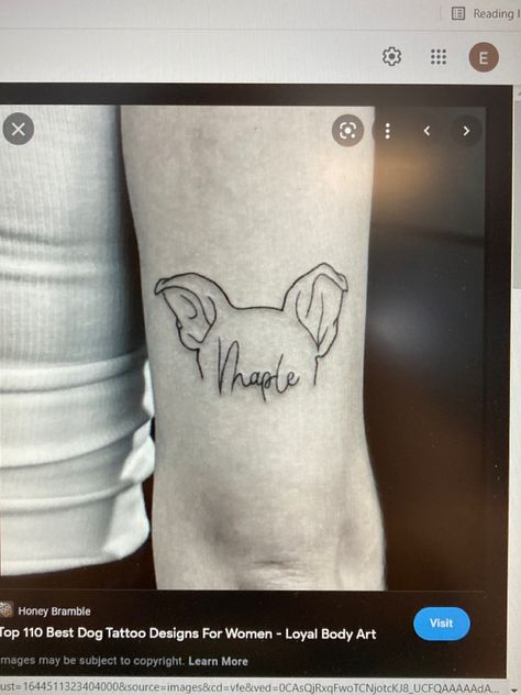 Sanity Tattoo Ideas, Dog Ear Tattoo With Name, Dog Tattoo Placement For Women, Pet Name Tattoo Ideas, Dog Name Tattoos, Dog Name Tattoo Ideas, Dog Ear Tattoo Placement, Dog Name Tattoo, Dog Ear Tattoo