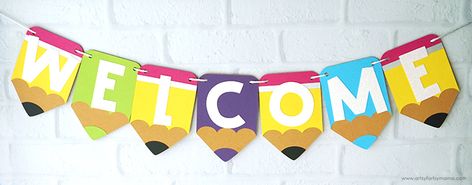 DIY Pencil Banner SVG + 8 Free Banner Cut Files | artsy-fartsy mama Welcome Back Banner, Cricut Banner, Alphabet Party, Banner Svg, Welcome Banners, Welcome To Kindergarten, Diy Pencil, How To Make Banners, Free Banner