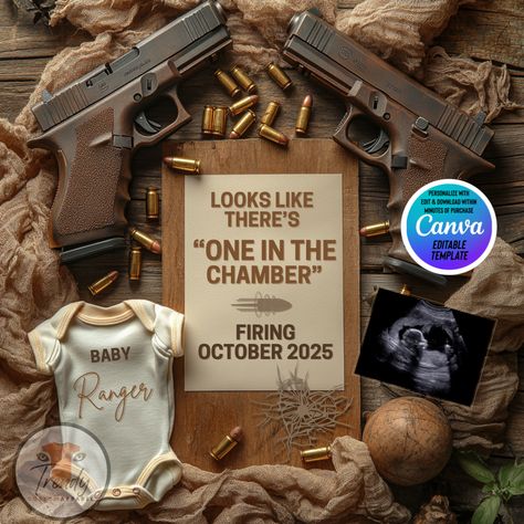 Get ready to announce your pregnancy in style with our customizable Glock-themed digital pregnancy announcement template. Perfect for gun enthusiasts, personalize with your own details like baby's last name, due date, and sonogram photo. Easily edit in Canva with font and color choices. Choose between editing yourself and downloading within minutes or let us do the work for you. Share with family, friends, and on all social media platforms. Stand out with Trendy Custom Apparel. Pregnancy Announcement To Husband Surprise Baby 2, Car Theme Gender Reveal Ideas, The Grand Finale Pregnancy Announcement, Lego Baby Announcement, Pregnancy Announcement February 2025, Baby Reveal Ideas For Parents, Lego Pregnancy Announcement, May Baby Announcement Ideas, Pregnancy Announcement After Long Wait