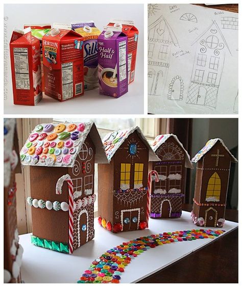 Milk Carton Crafts, Gingerbread House Craft, Tetra Pack, Milk Cartons, Vanessa Lopes, Gingerbread Village, Christmas Gingerbread House, Preschool Christmas, Milk Carton