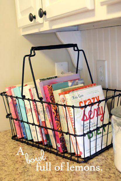 I need to get a few baskets to store mail, books and stuff vertically instead of horizontally on my kitchen desk. Baskets On Top Of Fridge, On Top Of Fridge, Top Of Fridge, Cookbook Storage, Furniture Transformation, Benjamin Moore Gray, Casa Vintage, Household Organization, Wire Basket