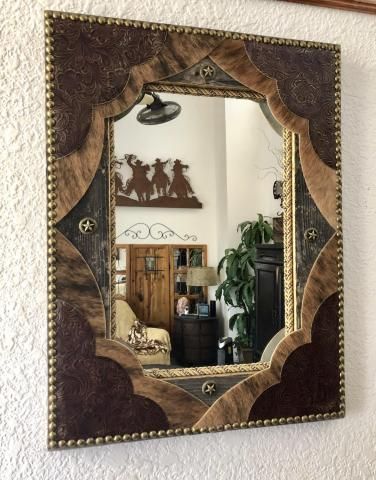 Tooled Leather & Cowhide Fancy Western Decor Wall Mirror Gold Trim Walls, Western Mirror, Barn Wood Mirror, Cowhide Decor, Brindle Cowhide, Leather Mirror, Western Rustic, Handmade Mirrors, Western Furniture