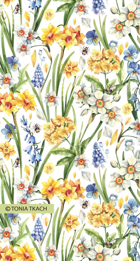 Garden Pattern Illustration, Daffodils Drawing, Spring Flowers Illustration, Daffodil Drawing, Fabric Tile, Foliage Garden, Flower Foliage, English Flowers, Wedding Yellow