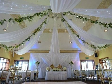 Wedding Drapery Ideas, Pure White Wedding, Ceiling Drapery, Wedding Drapery, Draping Ideas, Bride Groom Table, Roof Decoration, Wedding Ceiling, Ceiling Draping