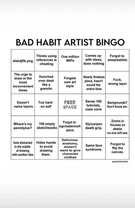 Artist Bingo, Johnson Tsang, Bingo Template, Bad Habit, Drawing Artist, Meme Template, Art Memes, Some Funny Jokes, Bad Habits