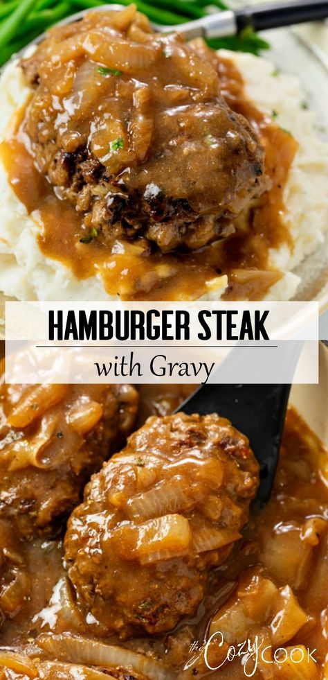 Hamburger Steak Recipes, Hamburger Steak And Gravy, Hamburger Dishes, Ground Beef Recipe, Salisbury Steak Recipes, Easy Ground Beef, Hamburger Steak, With Mashed Potatoes, Hamburger Meat Recipes