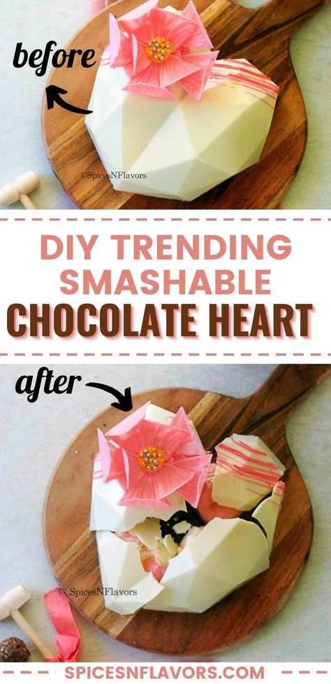 How To Make Breakable Heart Chocolate, Breaking Chocolate Heart Ideas, Chocolate Smash Cake With Hammer, Chocolate Heart Break Ideas, Chocolate Heart With Hammer, Confections Recipes, Breakable Chocolate Heart Ideas, Breakable Cake, Pinata Cake Recipe