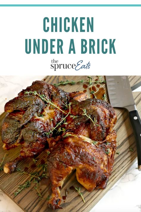 Chicken Under A Brick Recipe, Brick Chicken Recipe, Brick Chicken, Spatchcocked Chicken Oven, Cast Iron Spatchcock Chicken, How To Cook Spatchcocked Chicken, Best Spatchcock Chicken Oven, Spatchcock Chicken Oven Cast Iron, Brick Recipe