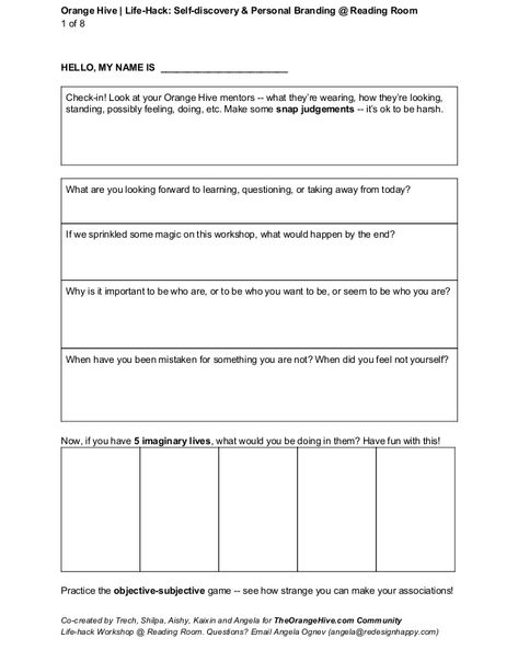 Self-discovery & Personal Branding: Life-hack Worksheet Personal Brand Worksheet, Write About Yourself Worksheet, Finding My Life Purpose Worksheet, Brand Identity Worksheet, Branding Worksheet, Writing Therapy, Life Hack, Liking Someone, Body Language