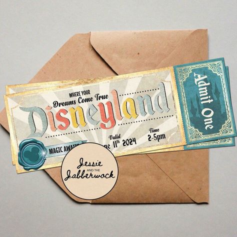 Disney Theme Invitations, Disney Ticket, Disneyland Surprise, Enchanted Castle, Disney Tickets, Disneyland Tickets, Ticket Design, Ticket Invitation, Vintage Disneyland