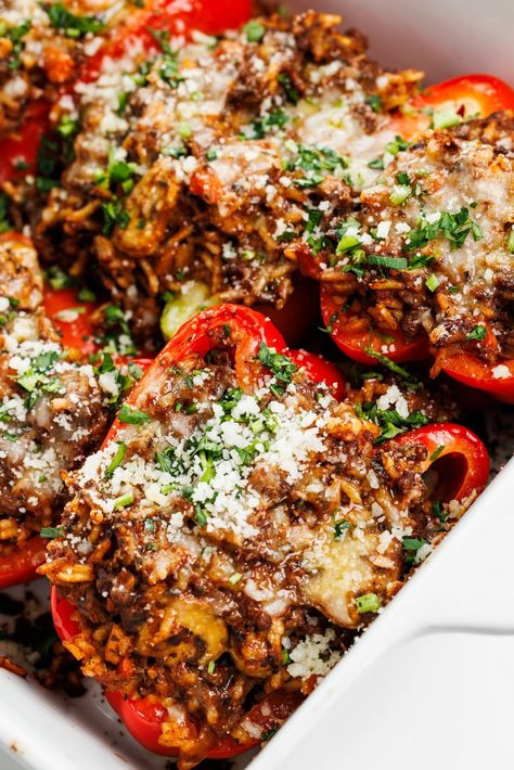 These bison and mushroom stuffed peppers contain lean ground bison, meaty mushrooms, and chewy rice to create a hearty, satisfying twist on a comfort food classic. Bison Stuffed Peppers, Ground Bison Meal Prep, Bison Stuffed Bell Peppers, Bison Meal Prep Recipes, Meal Prep Stuffed Peppers, Bison Dinner Recipes, Recipes With Ground Bison, Ground Buffalo Recipes, Bison Ground Beef Recipes