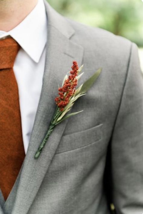 Grey Groomsmen Suits Terracotta, Rust Bridesmaid Dress And Groomsmen, Fall Color Tuxedo, Fall Wedding Gray Suit, Groomsman Terracotta, Maroon Wedding Party Attire, Tan Tux With Burnt Orange, Fall Wedding Groom Attire Grey, Burnt Orange Wedding Groomsmen Grey Suits