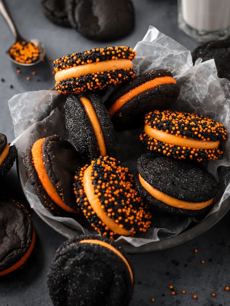 Halloween Black Cocoa Sandwich Cookies Pumpkin Cookie Sandwich, Pumpkin Spice Cookie Sandwiches, Black Cocoa Halloween Cookies, Oreo Cookie Sandwich, Jack O Lantern Sandwich Cookies, Easy Buttercream Frosting, Orange Food Coloring, Perfect Cookie, Dough Balls