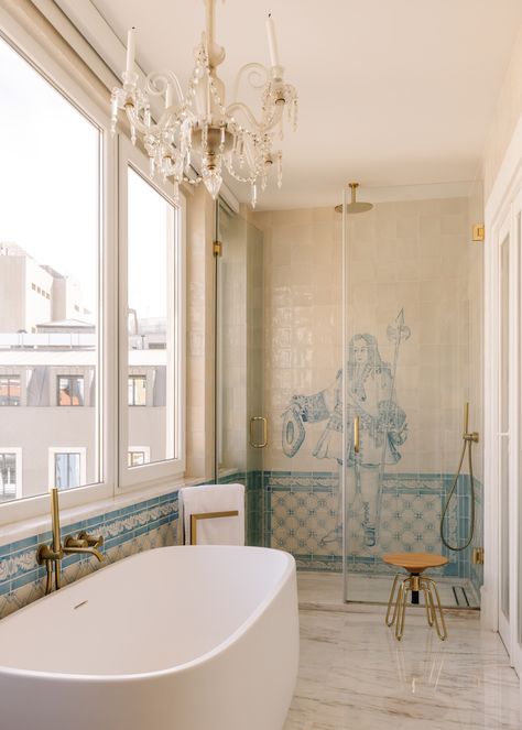 Hand painted Portuguese tiles. Bathroom With Portuguese Tiles, Portuguese Floor Tiles, Portuguese Bathroom, Portuguese Tiles Bathroom, Portuguese Interior Design, Portuguese Home, Portuguese Tile, Portuguese Tiles, Main Bathroom