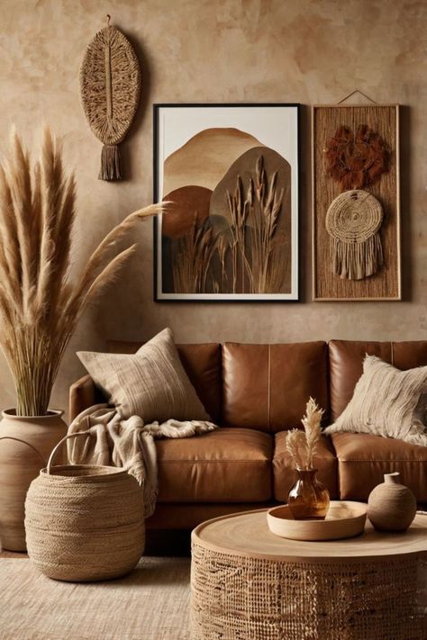 Earth-toned wall art creating a warm and inviting atmosphere in a minimalist living room. Rustic Minimalist Living Room Ideas, Rustic Minimalist Living Room, Tan Walls Living Room, Earth Tone Home Decor, Earth Tone Home, Minimalist Living Room Ideas, Moody Modern, Tan Walls, Rustic Minimalist