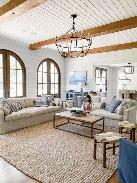 Shiplap Cottage Living Room, All Wood Ceiling, Beam And Shiplap Ceiling, Beams Across Ceiling, Wooden Ceiling Design For Living Room, Beadboard Ceiling With Wood Beams, Beadboard Ceilings With Beams, Coastal Ceiling Design, Coastal Ceiling Beams