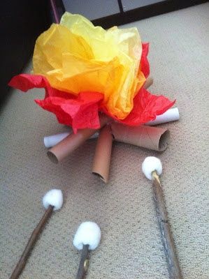 Pretend campfire using red and yellow tissue paper and toilet paper rolls glued together with hot glue.  I used paper rods from pant hangers and glued cotton balls at the end for roasting marshmallows.  I have used the fire pit in a pretend fireplace and also for a camping scene. Camping Dramatic Play, Camping Preschool, Camping Theme Preschool, Prop Box, Dramatic Play Preschool, Dramatic Play Area, Summer Preschool, Dramatic Play Centers, Camp Fire