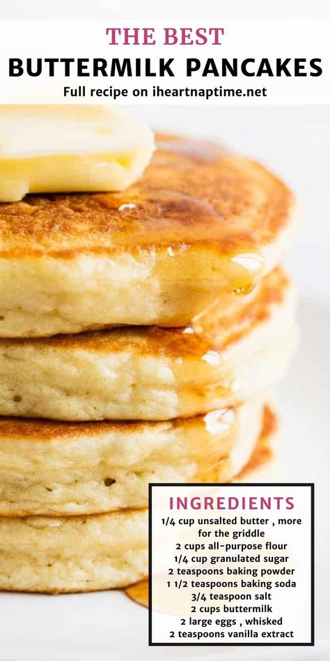 These are the absolute BEST buttermilk pancakes! Perfectly soft, fluffy and moist. Taste amazing topped with butter, syrup and fresh berries! Sweet Buttermilk Pancakes, Banana Buttermilk Pancakes, Pancake Recipies, Homemade Fluffy Pancakes, Buttermilk Pancakes From Scratch, Best Buttermilk Pancakes, Chicken Francaise, Flap Jacks, Homemade Buttermilk Pancakes