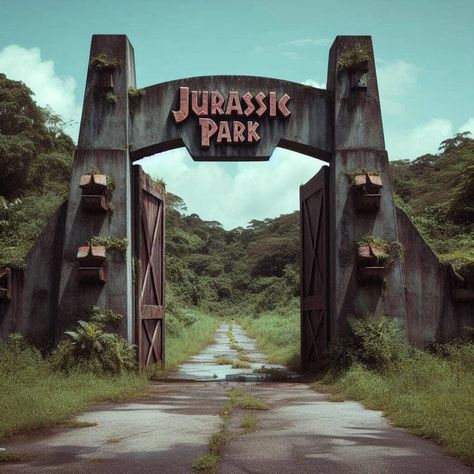 Jurassic World Entrance, Jurassic Park Gate, Gecko Enclosure, River Restaurant, Jurassic Park Birthday, Park Birthday, Gouache Illustrations, Chaos Theory, Jurassic Park World