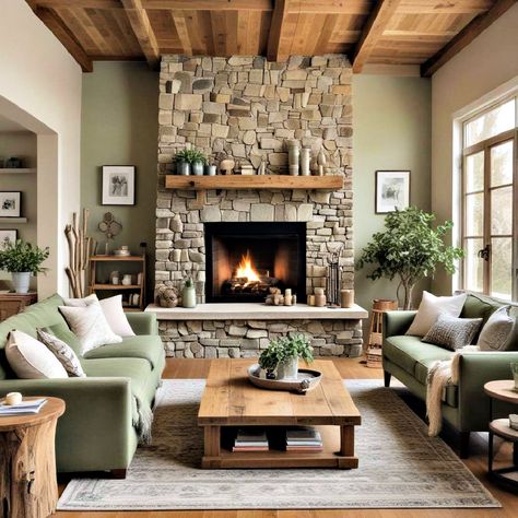 25 Rustic Sage Green Living Room Ideas To Get Inspired Sea Foam Green Couch Living Room, Cottagecore Home Aesthetic Living Room, Sage And Cream Living Room Decor, Neutral Living Room Sage Green, Earthy Cabin Decor, Green Family Room Walls, Green And Oatmeal Living Room, Green Statement Wall Living Rooms, Sage Color Living Room