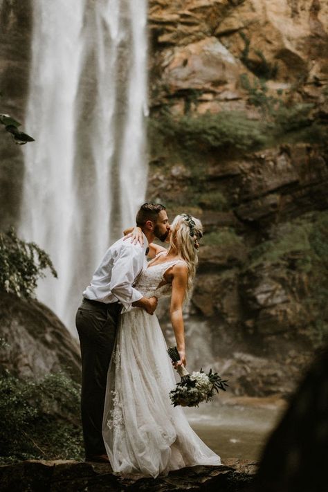 Wedding At Waterfall, Wedding Water Photoshoot, Wedding Waterfall Photos, Waterfall Wedding Pictures, Waterfalls Couple Photography, Wedding By Waterfall, Waterfall Elopement Photography, Couples Photoshoot Waterfall, Forest Wedding Photoshoot