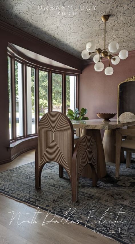 A fun chair never hurt anybody! This modern dining features muted mauve walls and a stunning custom marble dining table. To get more inspo visit www.urbanologydesigns.com Mauve Dining Room, Modern Luxury Homes, Fun Chair, Mauve Walls, Dark Dining Room, Dining Room Design Modern, Marble Dining Table, Restaurant Ideas, Marble Dining