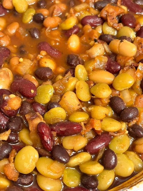 This wonderfully easy 5-bean baked beans recipe uses your choice of canned beans, bacon, and just a handful of pantry staples to make a hearty casserole-like dish. It's a classic crowd-pleaser that's perfect to serve as a main or side with other favorite comfort food dishes! 5 Bean Baked Beans Recipe, 5 Bean Casserole, 7 Bean Baked Beans, Mixed Baked Beans Recipe, Baked Beans From Canned Beans, Baked Bean Casserole, Beans Recipe Crockpot, Vegetarian Substitutes, Baked Beans Recipe