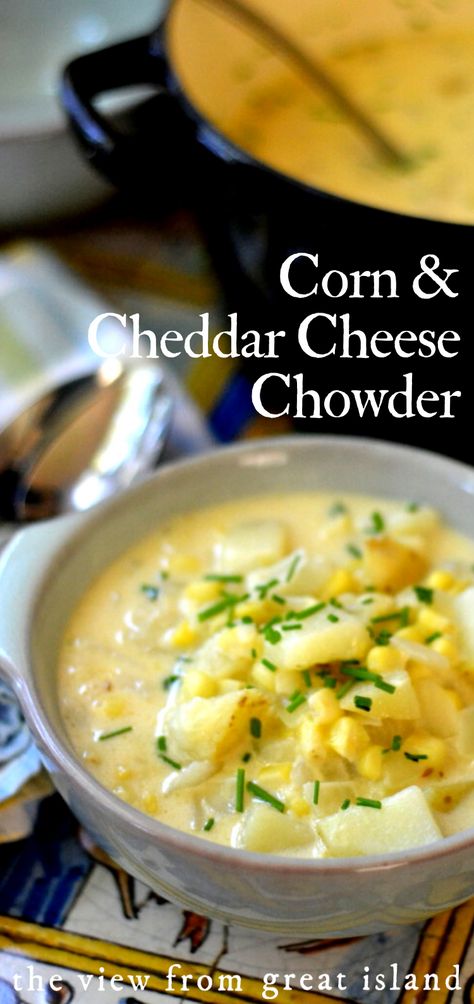 Corn and Cheddar Cheese Chowder is a comforting soup recipe to make with fabulous in season corn!  #soup #chowder #recipe #corn #cheesesoup #dinner #easy #potatoes #vegetarian #healthy Cheddar Chowder, Easy Potatoes, Soup Chowder, Cheesy Soup, Seasoned Corn, Chowder Soup, Summer Soup, Chowder Recipe, Recipes Soup