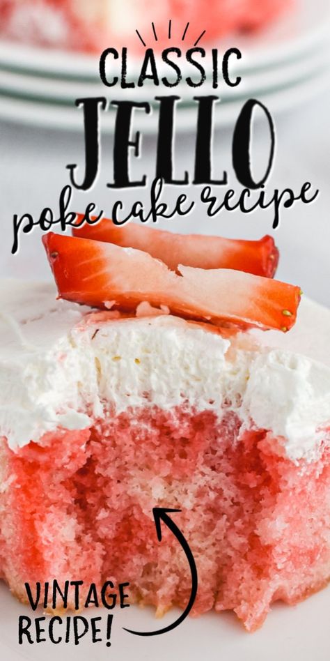 This quick and easy jello poke cake is a family favorite for good reason. It’s a vintage dessert from my grandma’s recipe box that is perfect to serve year-round since it’s so effortless to make.    After baking, you’ll have a perfect, moist cake that you poke holes in before pouring Jello on top. A layer of Cool Whip serves as a light, fluffy frosting. The result is a gorgeous poke cake that melts in your mouth. Memorial Day Jello Poke Cake, Jello Poke Cake Recipe Cool Whip, Jell-o Cake Recipes, Dessert Using White Cake Mix Boxes, Hello Poke Cake, Jello And Cool Whip, Ez Recipes, Jello Cake Recipes, Jello Poke Cake