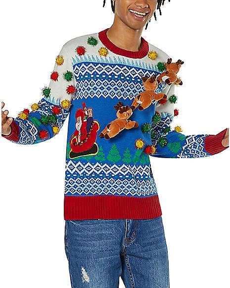 Light-Up 3D Santa Sleigh Ugly Christmas Sweater - Spencer's Christmas Vacation Sweaters, 3d Reindeer, Santa I Know Him, Christmas Cardigan, Ugly Christmas Sweaters, Funny Christmas Sweaters, Ugly Christmas Sweater Funny, Christmas Sweater Men, Santa Sleigh