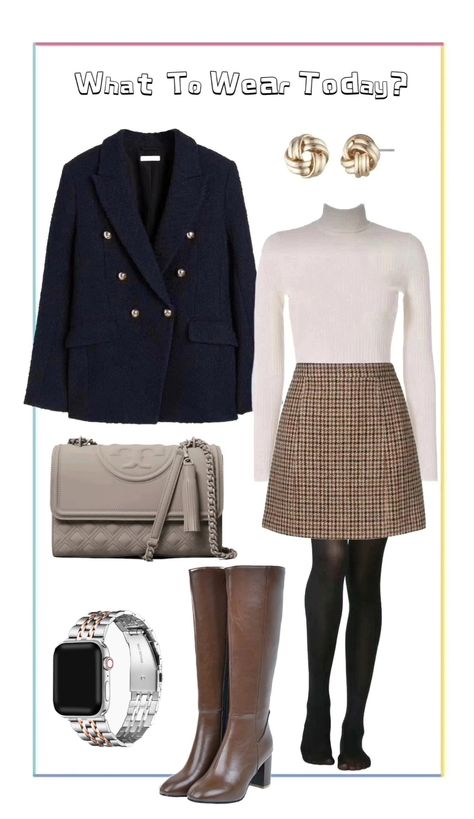 Blue Turtleneck Dress Outfit, Casual Preppy Work Outfits, Brown Boots Autumn Outfit, Navy Dress Brown Boots, Turtleneck Mini Skirt Outfit, Skirt With Knee High Boots Fall Outfits, Navy Leather Skirt Outfit, Navy Blazer Fall Outfit, Plaid Pencil Skirt Outfit Winter