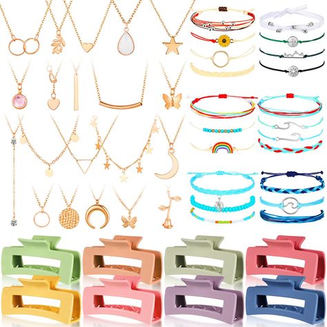 PRICES MAY VARY. More Choices: you will get 21 adjustable handmade summer bracelets, 20 necklaces, you can wear them to match your different cloth, and 8 colorful large square hair clips, this set can help you become a more charming summer girl Bracelet and Necklace: the cute bracelets are beaded, soft and comfortable, not easy to break, and the necklace is made of alloy, adjustable design can meet your length needs, will not cause discomfort, bringing you a good experience Hair Clips: the claw Bracelets Layered, String Friendship Bracelets, Silver Gold Necklace, Layered Chokers, Claw Hair Clips, Summer Bracelets, Summer Girl, Colorful Jewelry, Layered Bracelets