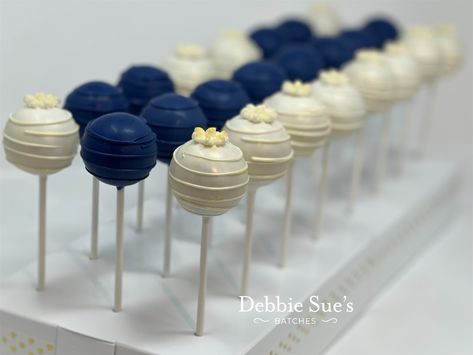 Navy Blue Wedding Dessert Table, Navy Blue Desserts, Navy Blue Cake Pops, Blue And Silver Cake Pops, Navy Cake Pops, White Chocolate Cake Pops, Cake Pops Blue, Light Blue Cake Pops, Navy Cakes