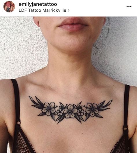 Triple Flower Tattoo, Traditional Flower Collar Bone Tattoo, Women Chest Tattoo Traditional, Traditional Clavicle Tattoo, Old School Chest Tattoo Female, Sternum Traditional Tattoo, Collar Bone Tattoo American Traditional, Traditional Flower Chest Tattoo, American Traditional Chest Tattoo Female