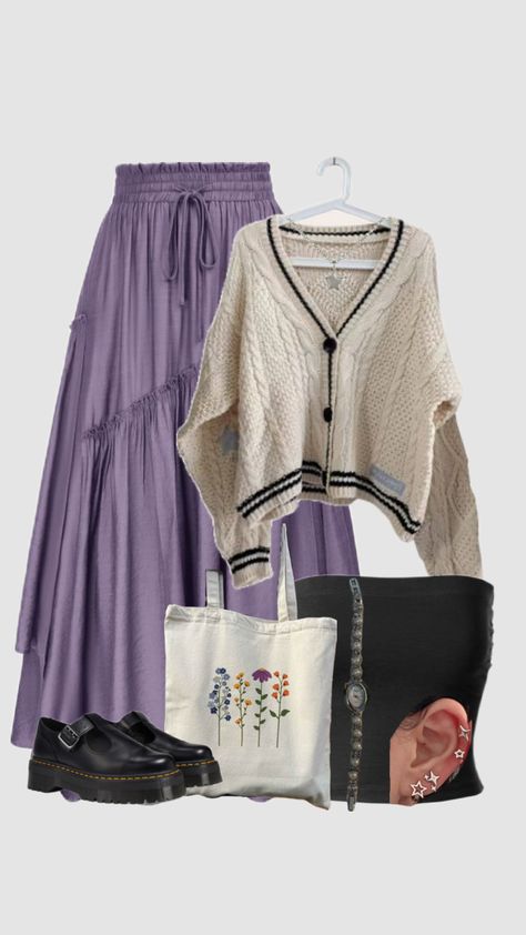 #outfitinspo #purple #maxiskirt #modest #cardigan #docmartens #totebag #fashion #fit Purple Long Skirt Outfit, Purple Maxi Skirt Outfit, Long Purple Skirt, Baggy Cardigan, Y2k Party Outfit, Outfits Modest, Modest Fashion Hijab, Purple Skirt, Modest Fits