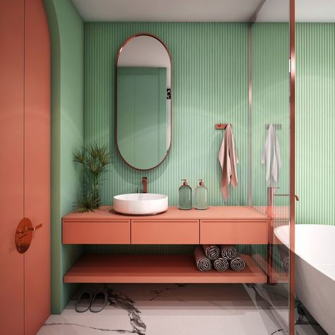 Coral Bathroom, Colourful Bathroom, Bathroom Furniture Modern, Bathroom Design Trends, Deco Bathroom, Bad Inspiration, Bathroom Paint Colors, Stencil Furniture, Bathroom Units