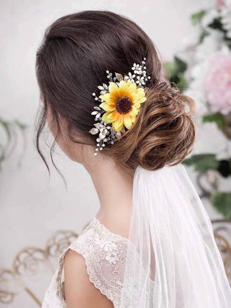 Sunflower Wedding Fall, Sunflower Hair Piece, Yellow Flower Crown, Western Weddings, Floral Hairpiece, Sunflower Wedding Decorations, Sunflower Hair, Sunflower Headband, Red Bridesmaid