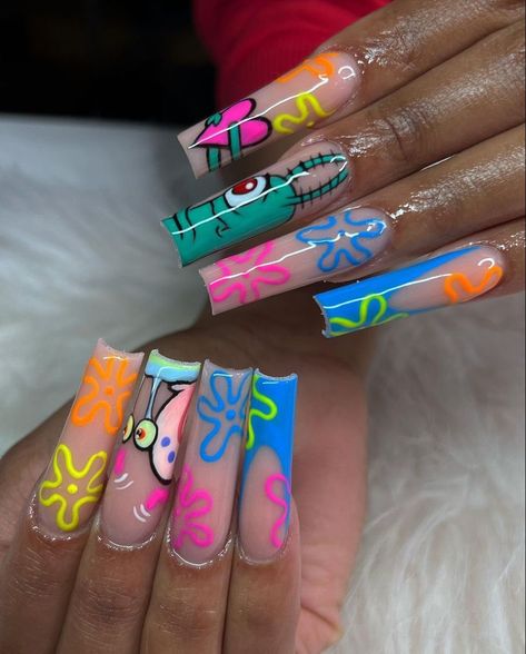 Crazy Cute Nails, Nail Designs Nude Pink, Nail Art Character Design, Weird Acrylic Nails, Spongebob Nails Acrylic, Up Nails Disney, Crazy Acrylic Nails Designs, 2000s Acrylic Nails, Tigger Nails